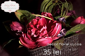 105 decor in cos negru cu bujori roz si crizanteme mov